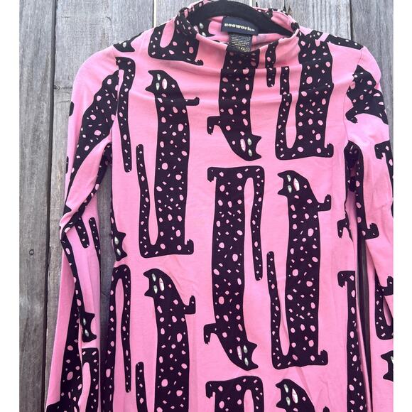 Nooworks | NWOT Psychedelic Cat Print Mock Neck Midi Dress Pink Black Size XS - Picture 3 of 6